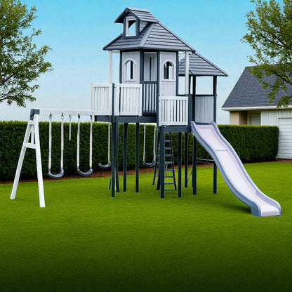 Wooden Outdoor Playset with Slide, Swings & Playhouse – Safe Backyard Playground for Kids