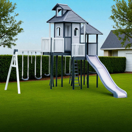 Wooden Outdoor Playset with Slide, Swings & Playhouse – Safe Backyard Playground for Kids