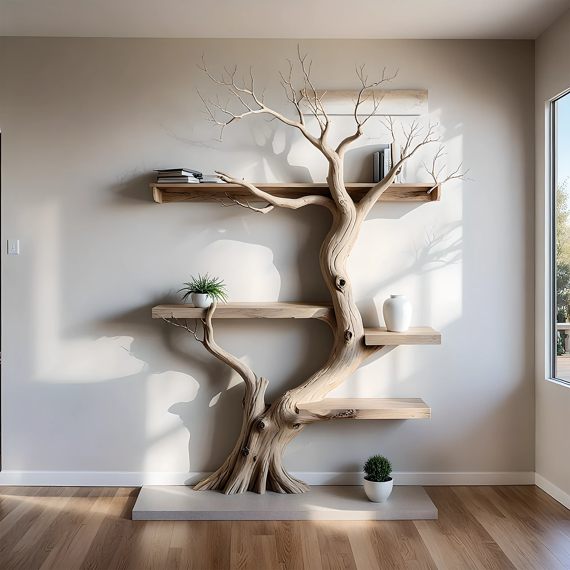 Bookshelf made from tree rustic floating shelf decorative bookcase home decor . 