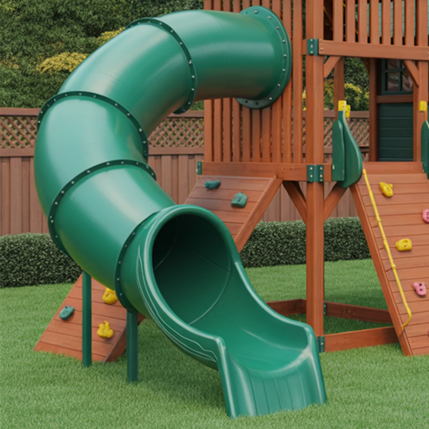 Deluxe Wooden Swingset with Dual Slides, Climbing Walls & Tube Slide – 25ft Backyard Playset