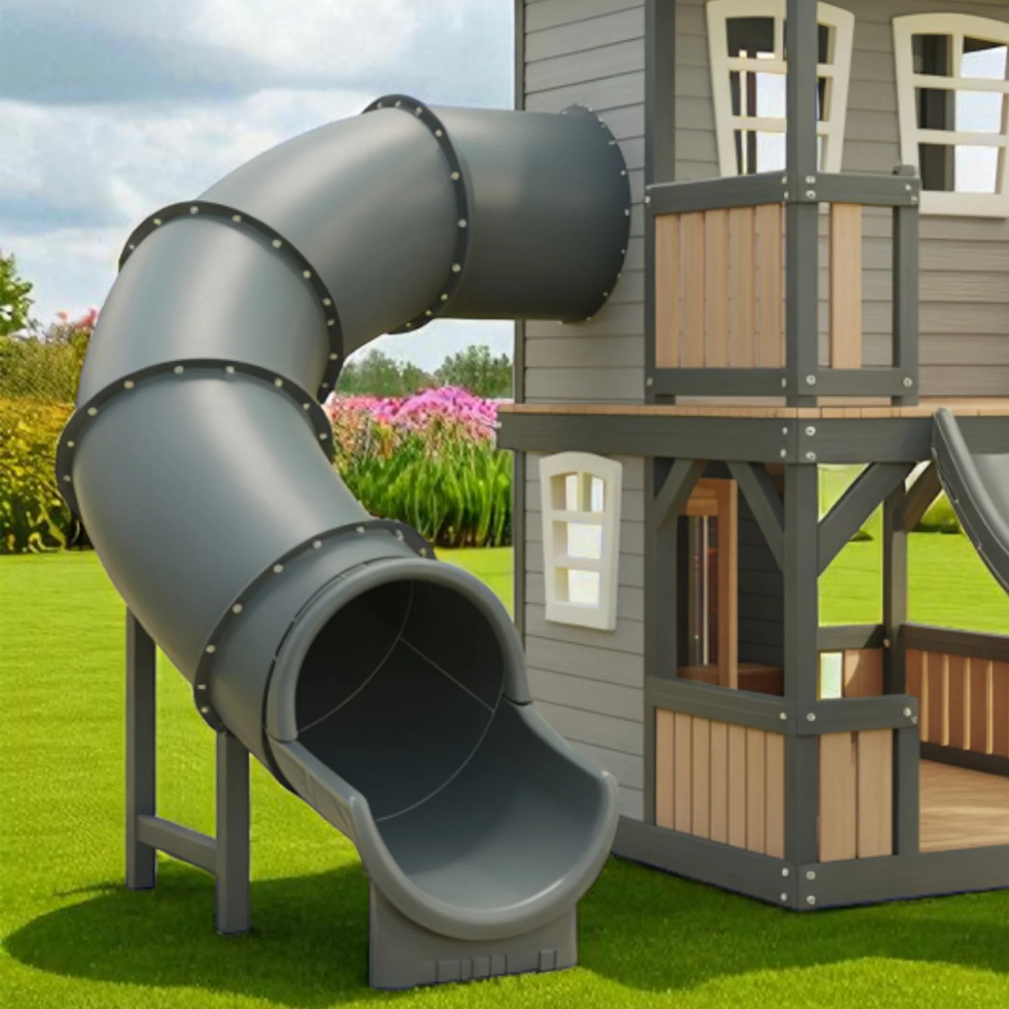 Wooden Playhouse with Slide & Swings | 22x12x9 ft Kids Outdoor Playground for Backyard Fun