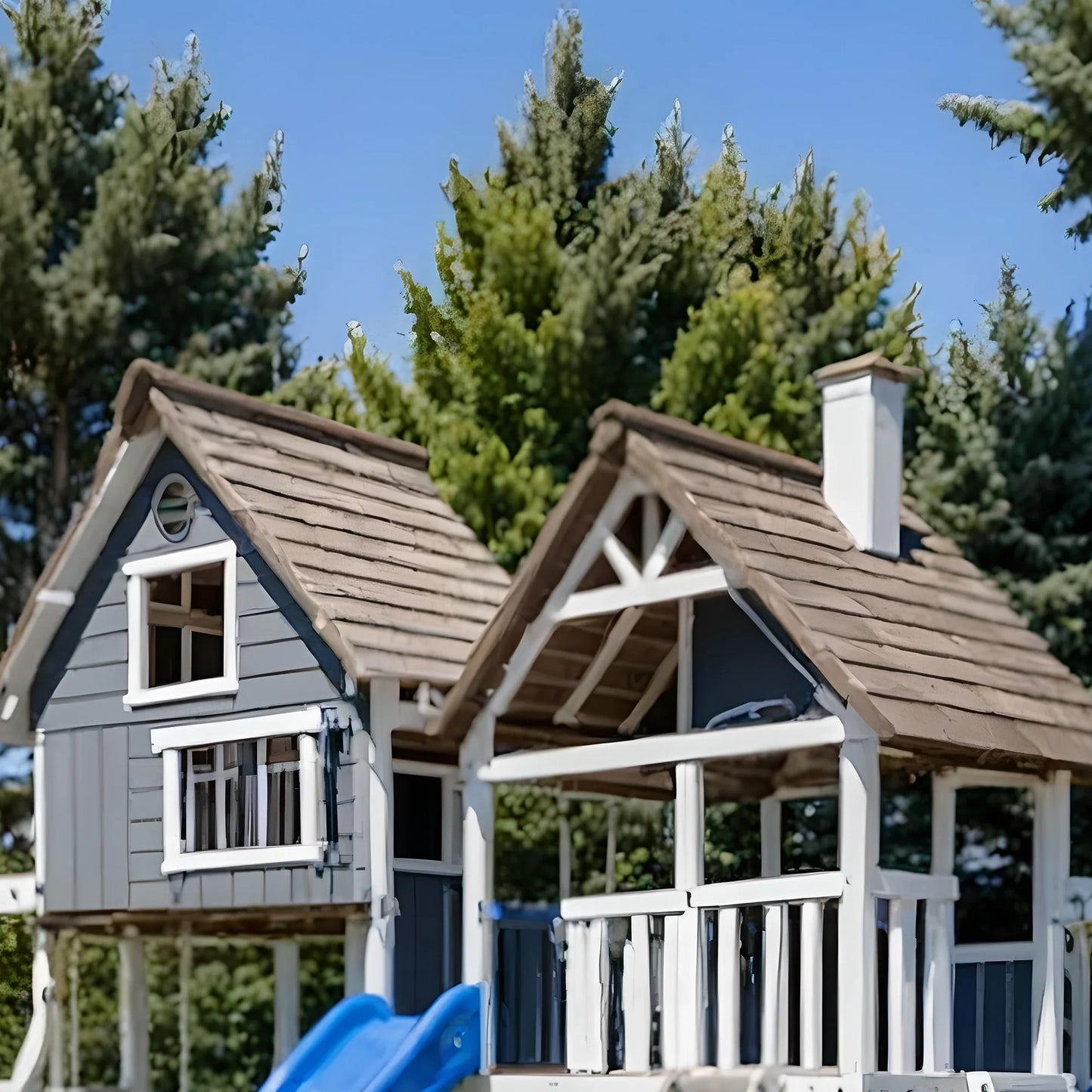 Wooden Outdoor Play Structure – Twin Playhouse, Swings & Slides for Kids