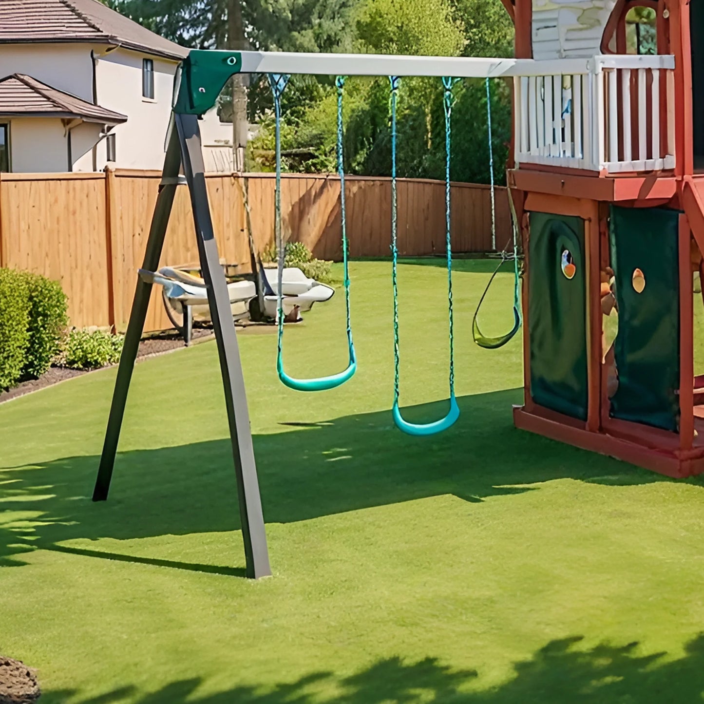 Wooden Swing Set with Slide, Rock Wall & Playhouse – Backyard Kids Playground Outdoor Fun