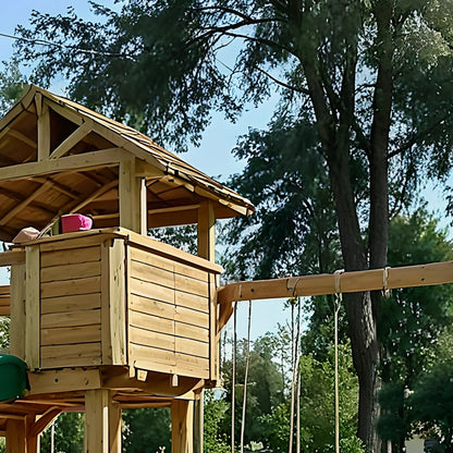 Safe Kids Swing Set for Backyard – Wooden Outdoor Playset with Playhouse & Slides