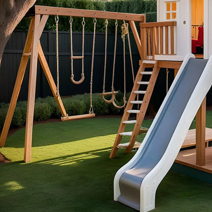 Backyard Swing Set with Sandbox & Slide – Wooden Outdoor Playhouse for Children