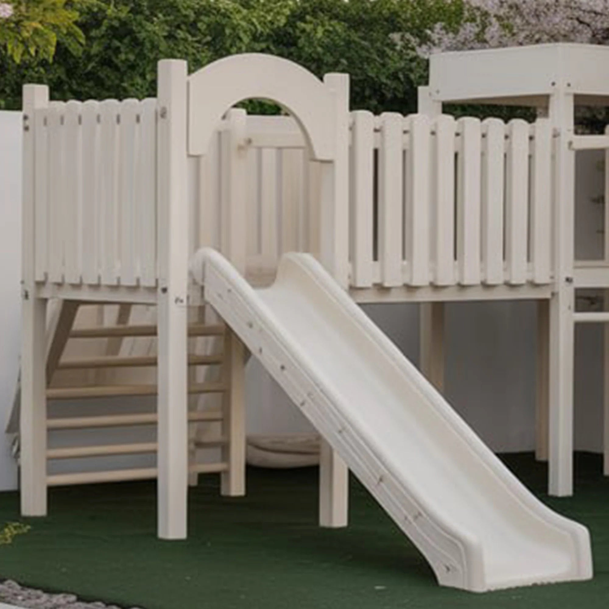 Modern Wooden Playhouse with Slide and Double Swings – Outdoor Kids Activity Set 20x10ft