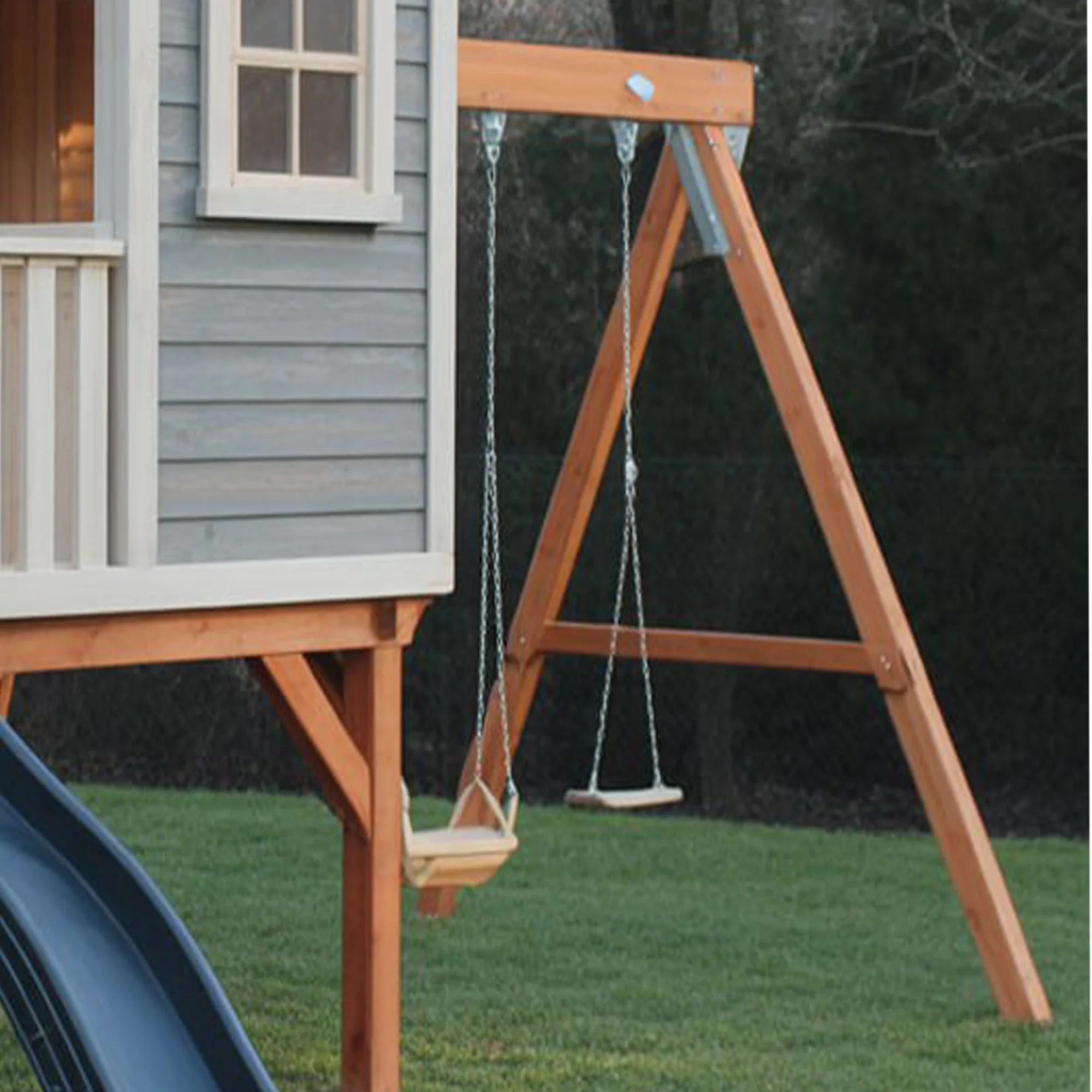 Wooden Playhouse with Slide and Swing – Elevated Backyard Kids Outdoor Playset 16x12 ft