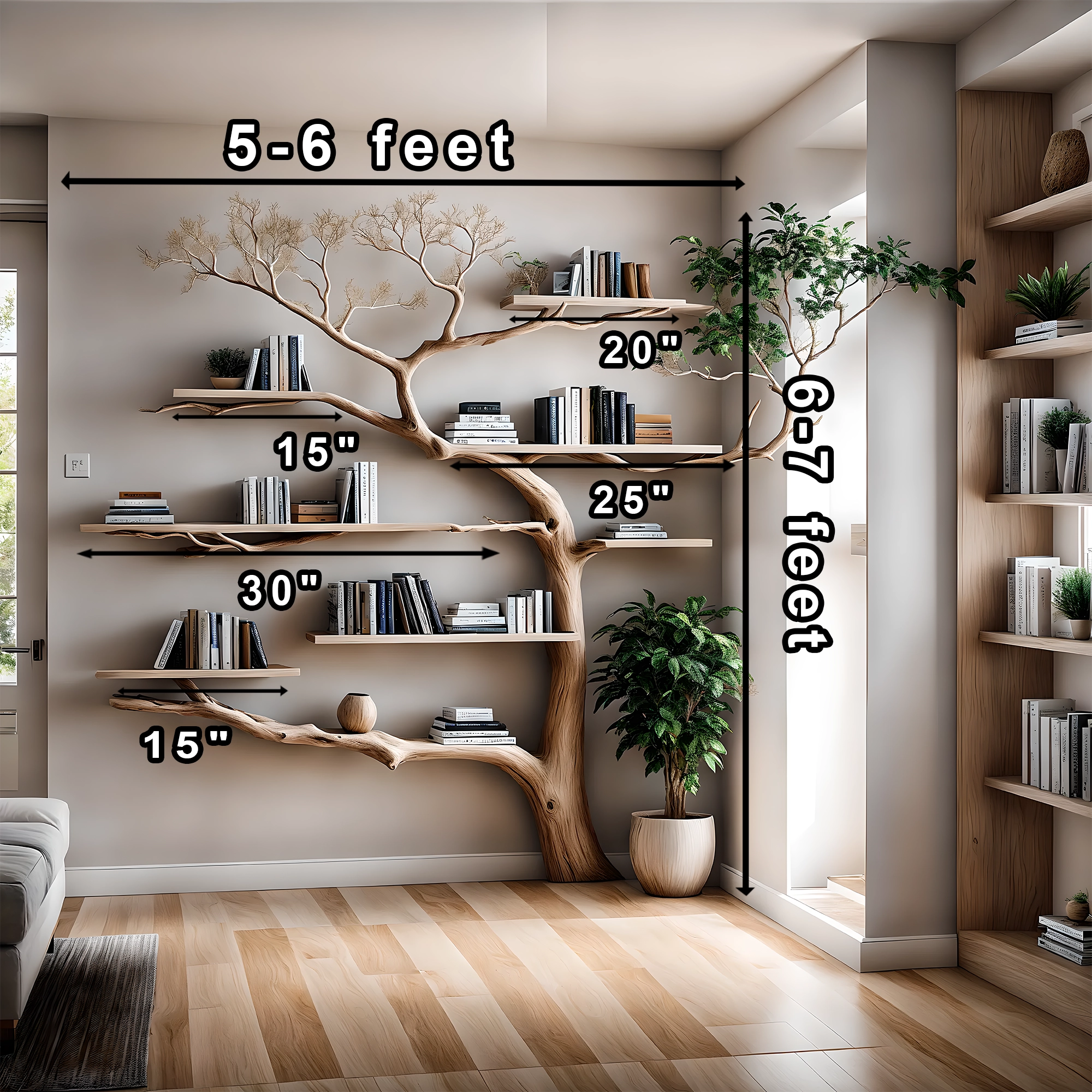 Tree shaped bookshelf, solid wood tree branch shelf, handmade wall hanging interior decoration for home 