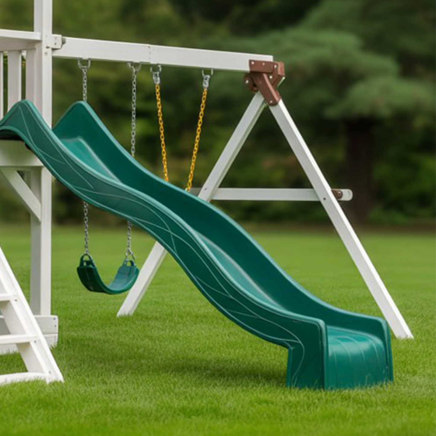 Premium Wooden Swingset with Tube Slide, Rock Wall & Double Swings