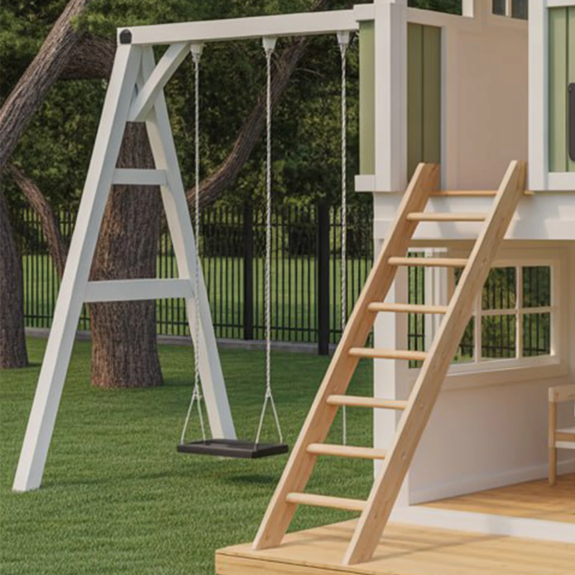 Modern Two-Story Wooden Playhouse with Spiral Slide, Balcony & Swing Set | 22ft x 12ft x 9ft Backyard Playground