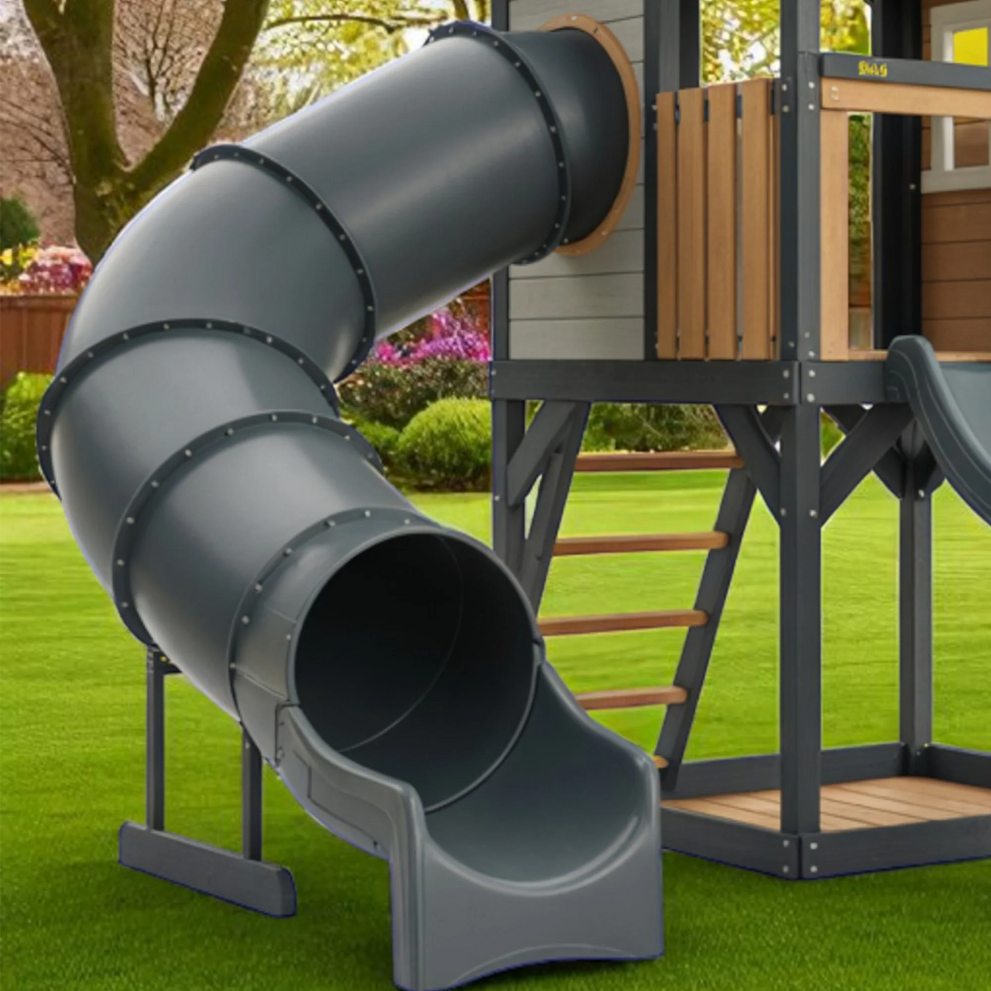 Wooden Playhouse with Tube Slide, Straight Slide & Swings | 22x12x9 ft Outdoor Playground