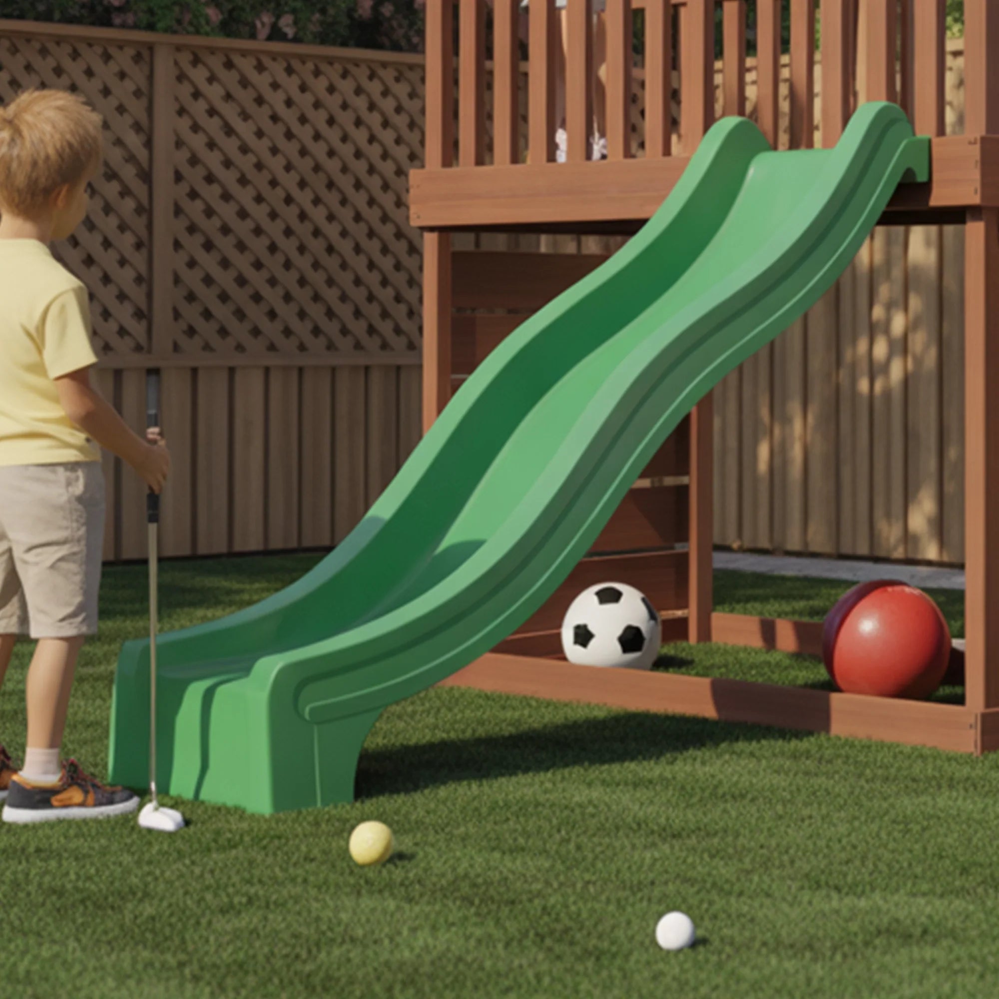 Backyard Wooden Playset with Double Slide & Rock Climbing Wall – Compact Outdoor Adventure Tower