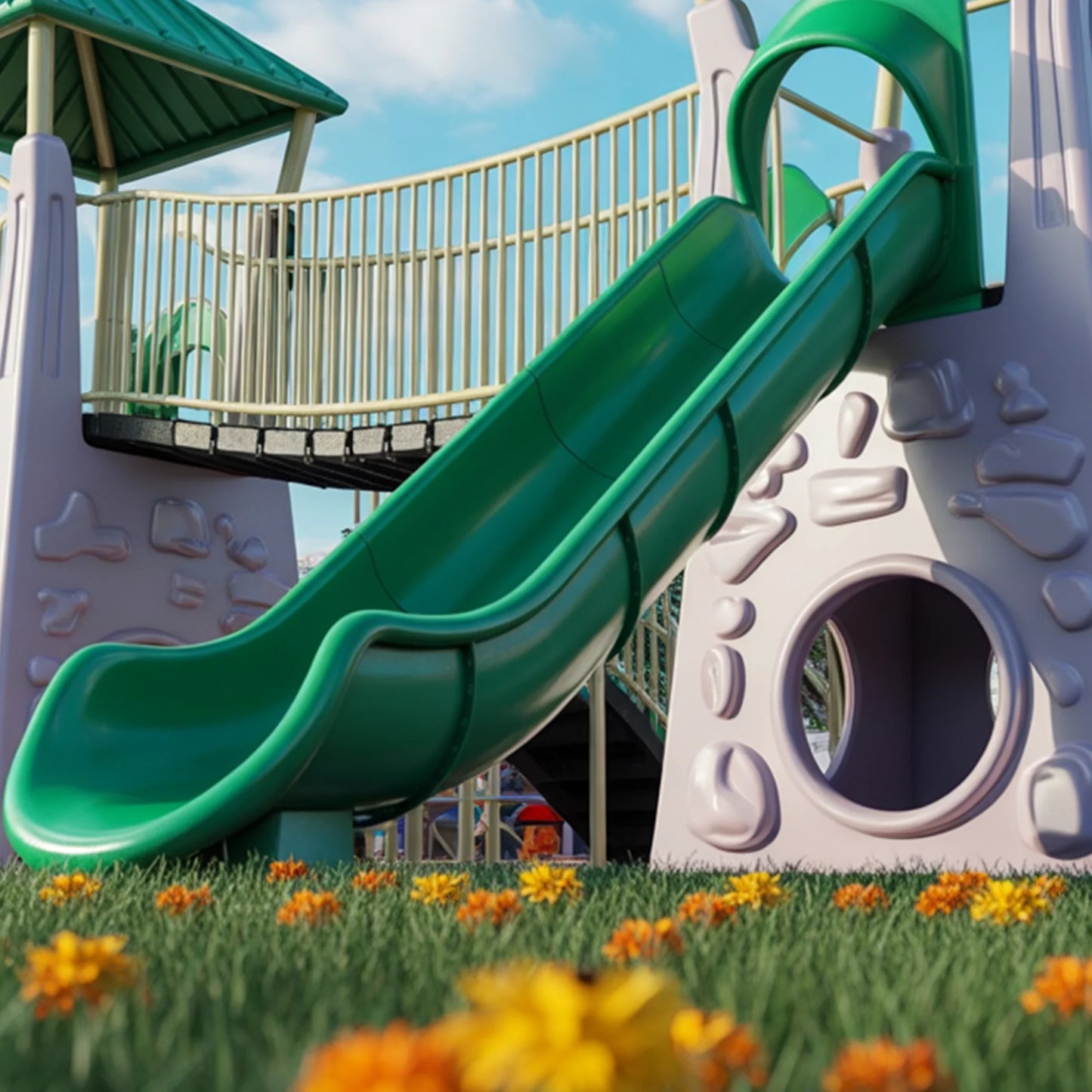 Durable Epoxy Plastic Swingset with Slide & Playhouse – 22ft x 12ft