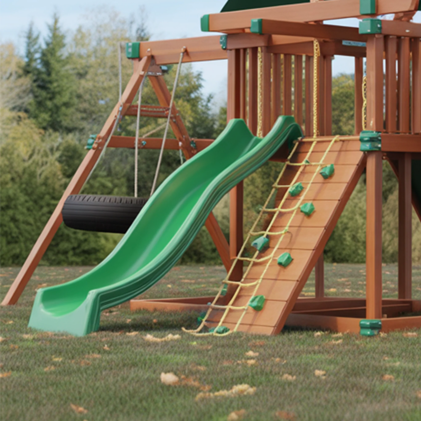 Wooden Swingset with Tube Slide, Double Swings & Climbing Wall – Kids Outdoor Playground