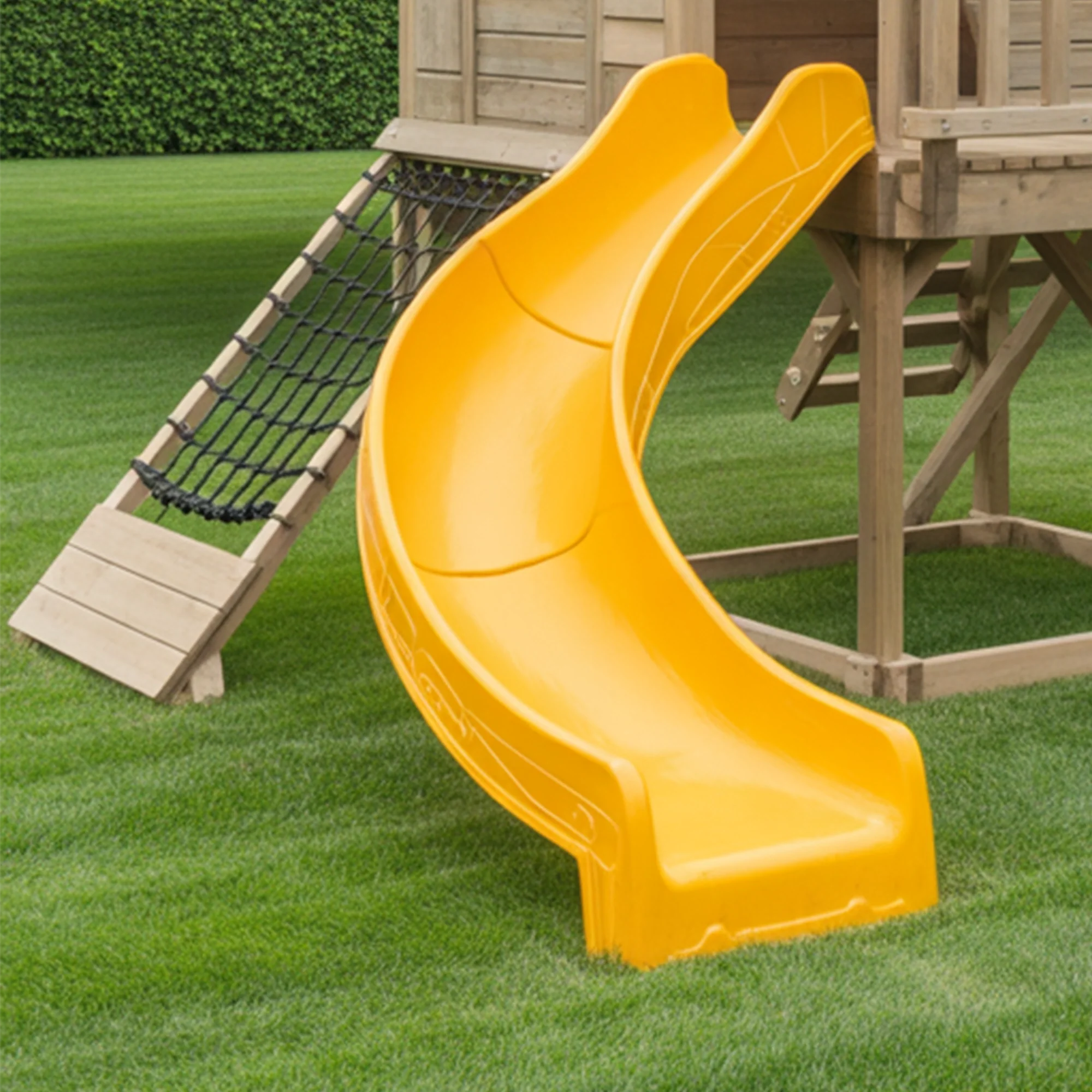 Wooden Outdoor Playhouse with Curved Slide, Double Swing & Climbing Net – Backyard Adventure Set | 24x10x9 ft