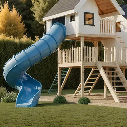 Wooden Playhouse Tower with Sandbox, Swings & Wave Slide – Outdoor Kids Playset