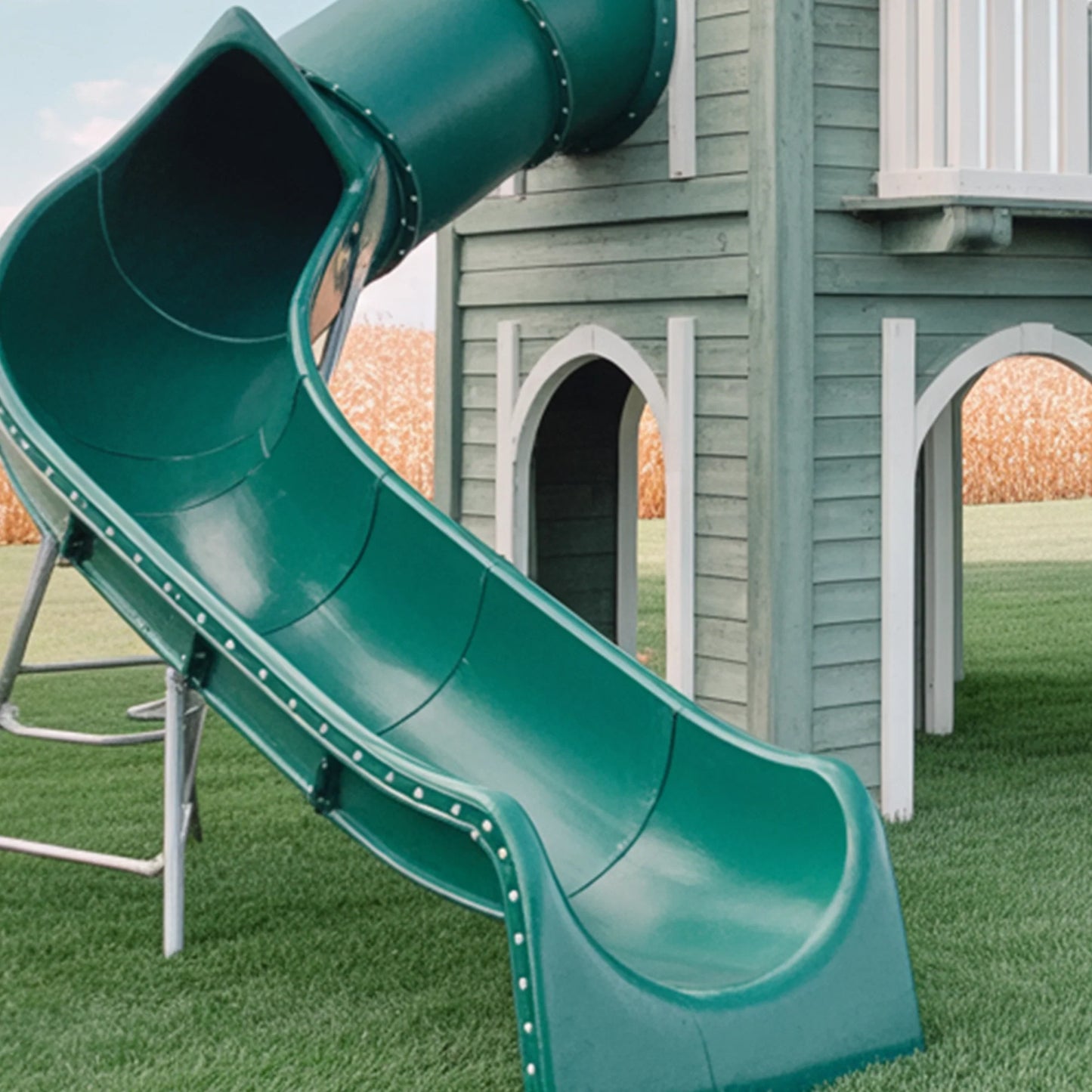 Luxury Wooden Castle Playground with Twin Towers, Spiral Tube Slide & Staircase | Safe Outdoor Playhouse for Kids