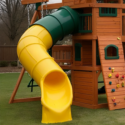 Kids Wooden Swingset with Slide, Playhouse & Outdoor Adventure Features