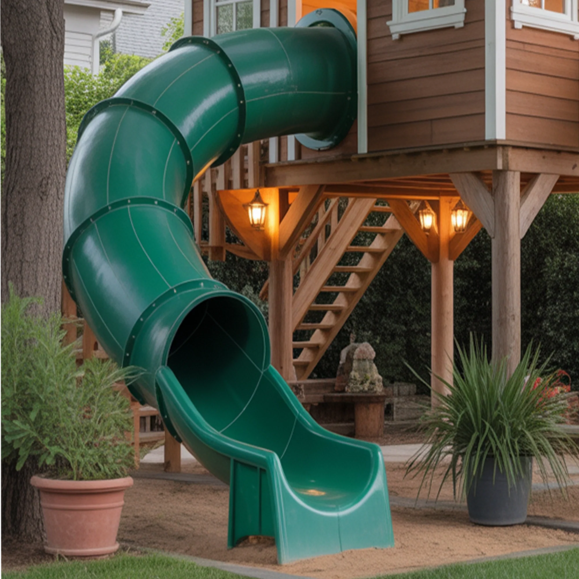 Wooden Playhouse with Dual Tunnel Slides | 22x12x9 ft Elevated Kids Outdoor Playground