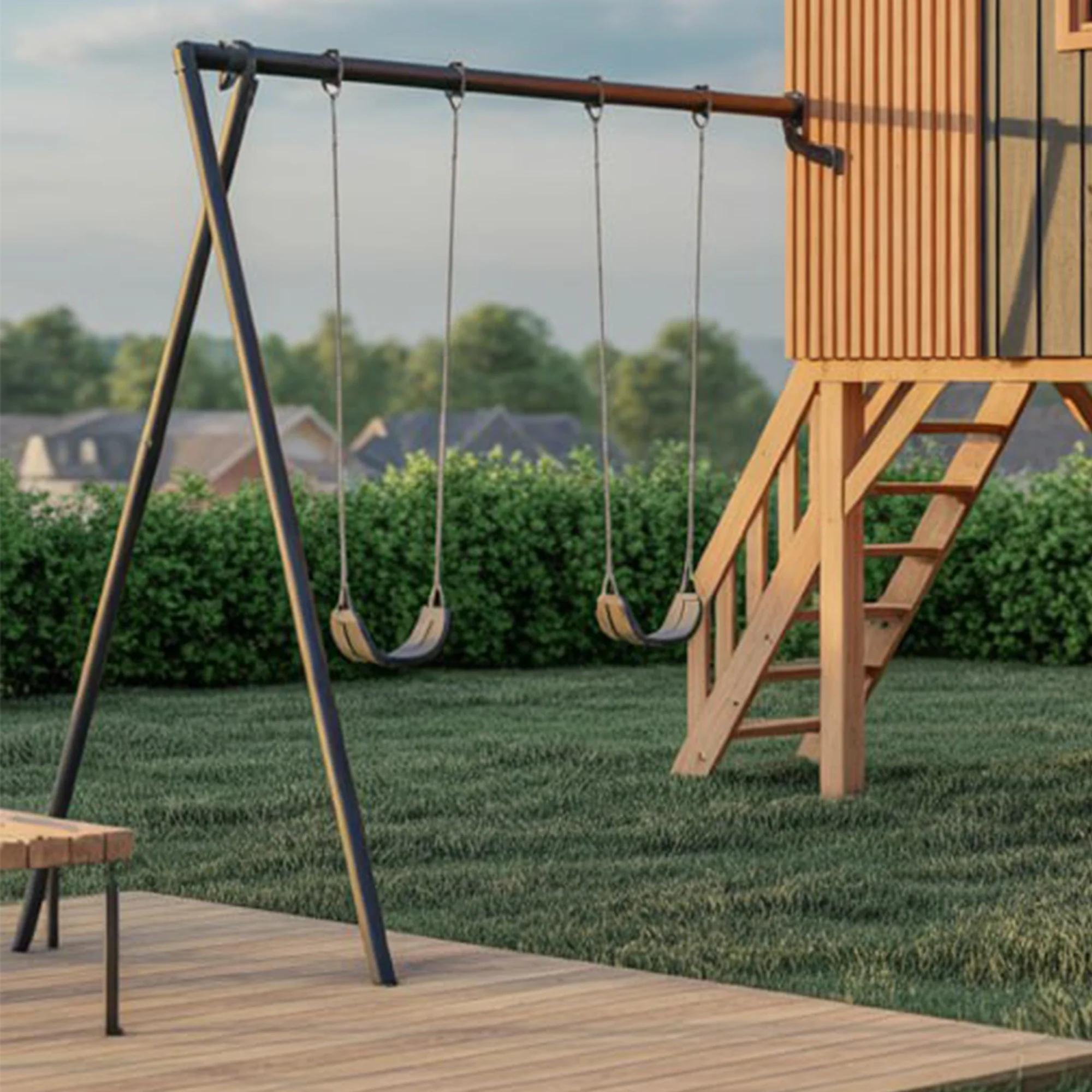 Modern Wooden Playhouse with Slide & Swings – 22ft x 12ft x 9ft Outdoor Kids Playground