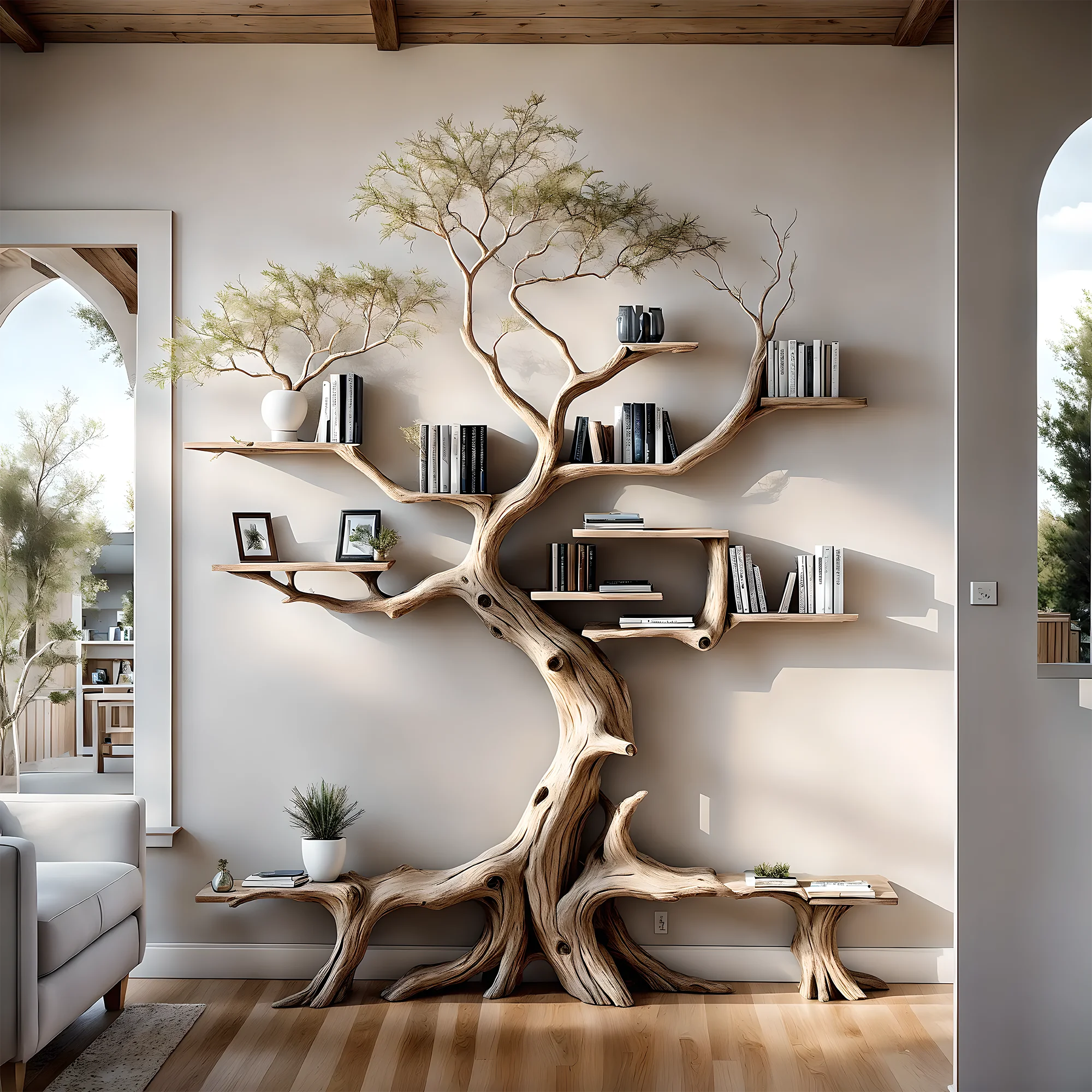 Driftwood bookshelf decorates home wall 