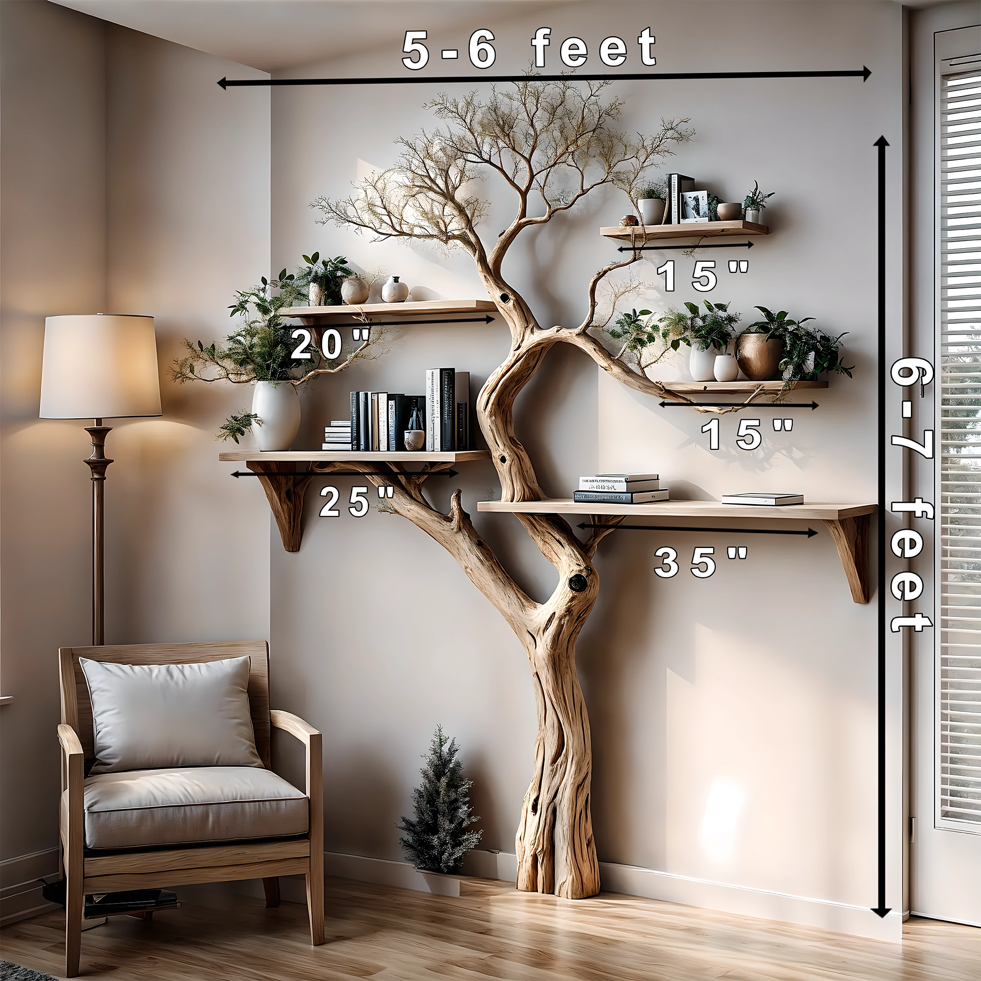 Solid wood tree branch bookshelf, handmade wall hanging, interior decoration for living room 