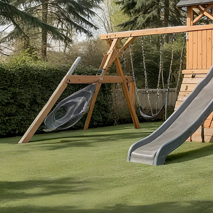 Backyard Playhouse Swing Set with Double Slides, Monkey Bars & Swings