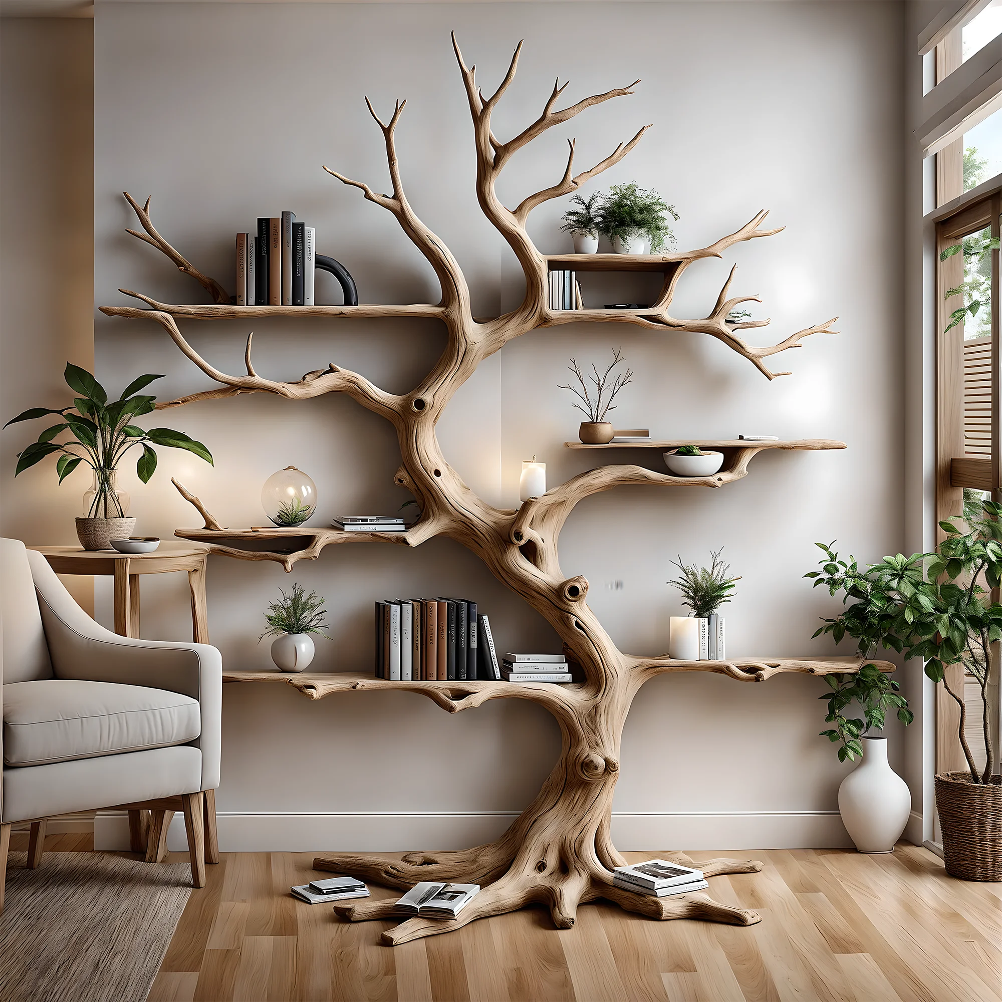 Tree-shaped driftwood bookshelf, solid wood bookshelf, perennial wood bookshelf, living room decoration shelf, home decoration 