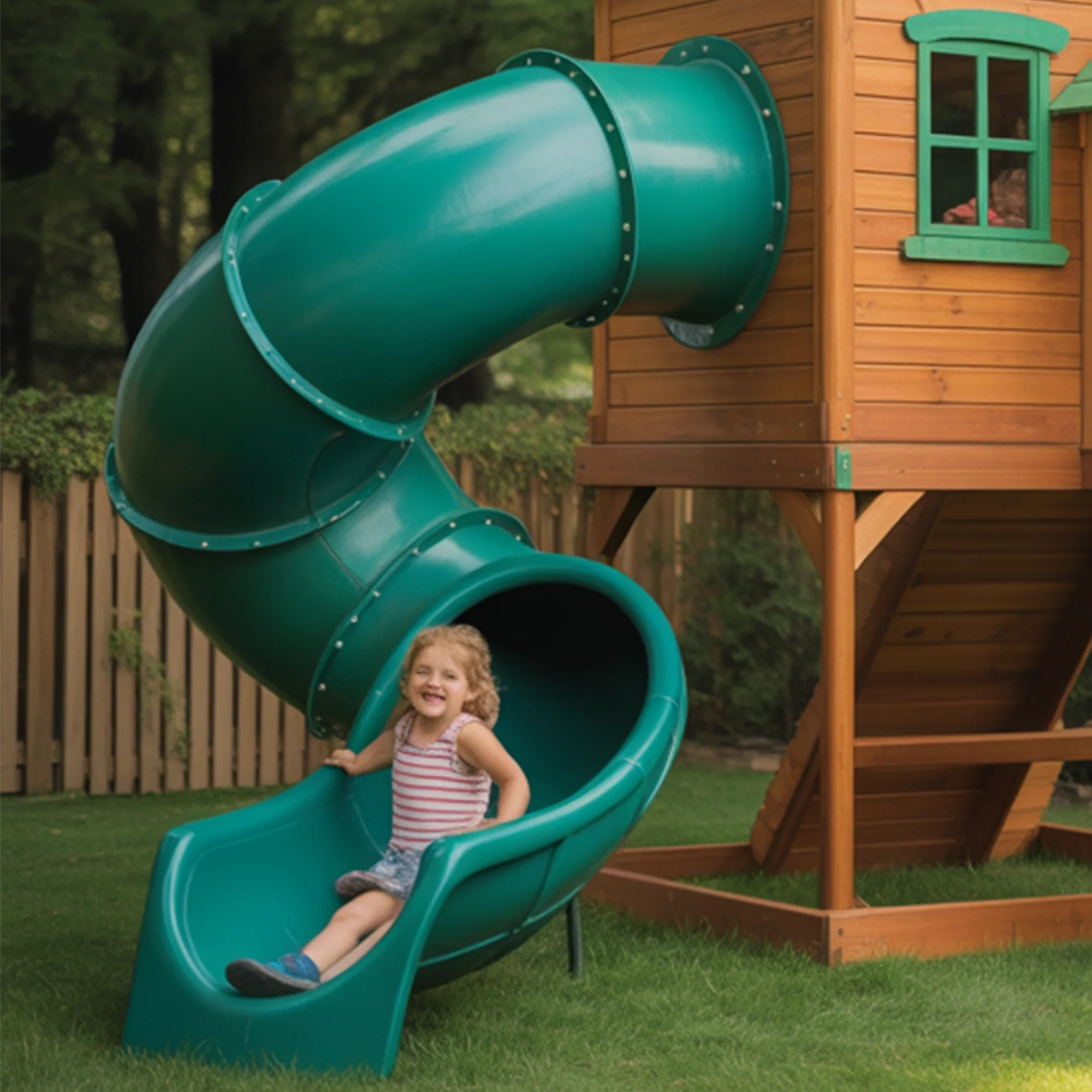 Large Wooden Playhouse with Spiral Tube Slide & Swings | Outdoor Kids Playground for Backyard Fun
