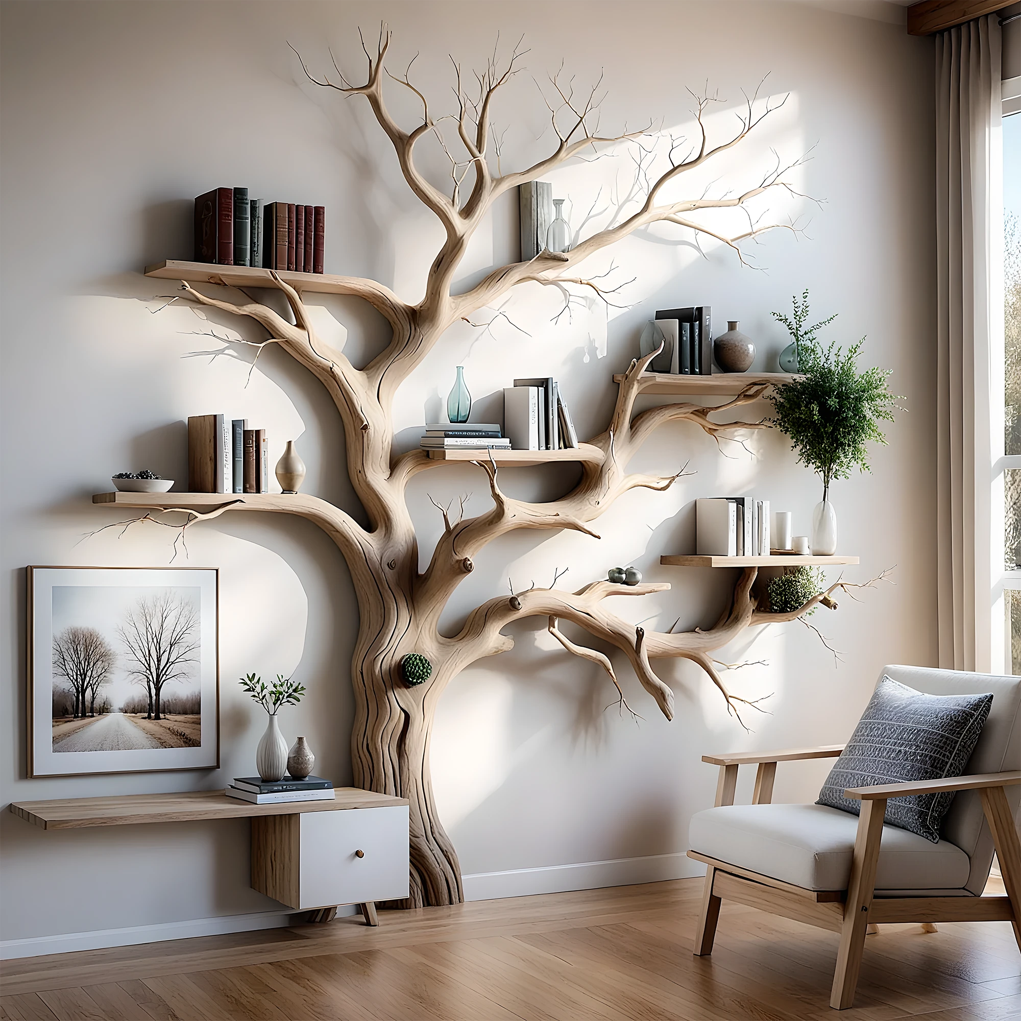 The unique tree-shaped bookshelf is made from natural driftwood, highlighted with artistic tree branches. 