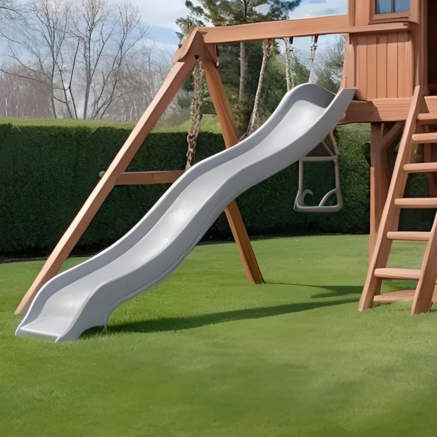 Wooden Swing Set for Backyard – Playhouse, Climbing Ladder & Double Swings
