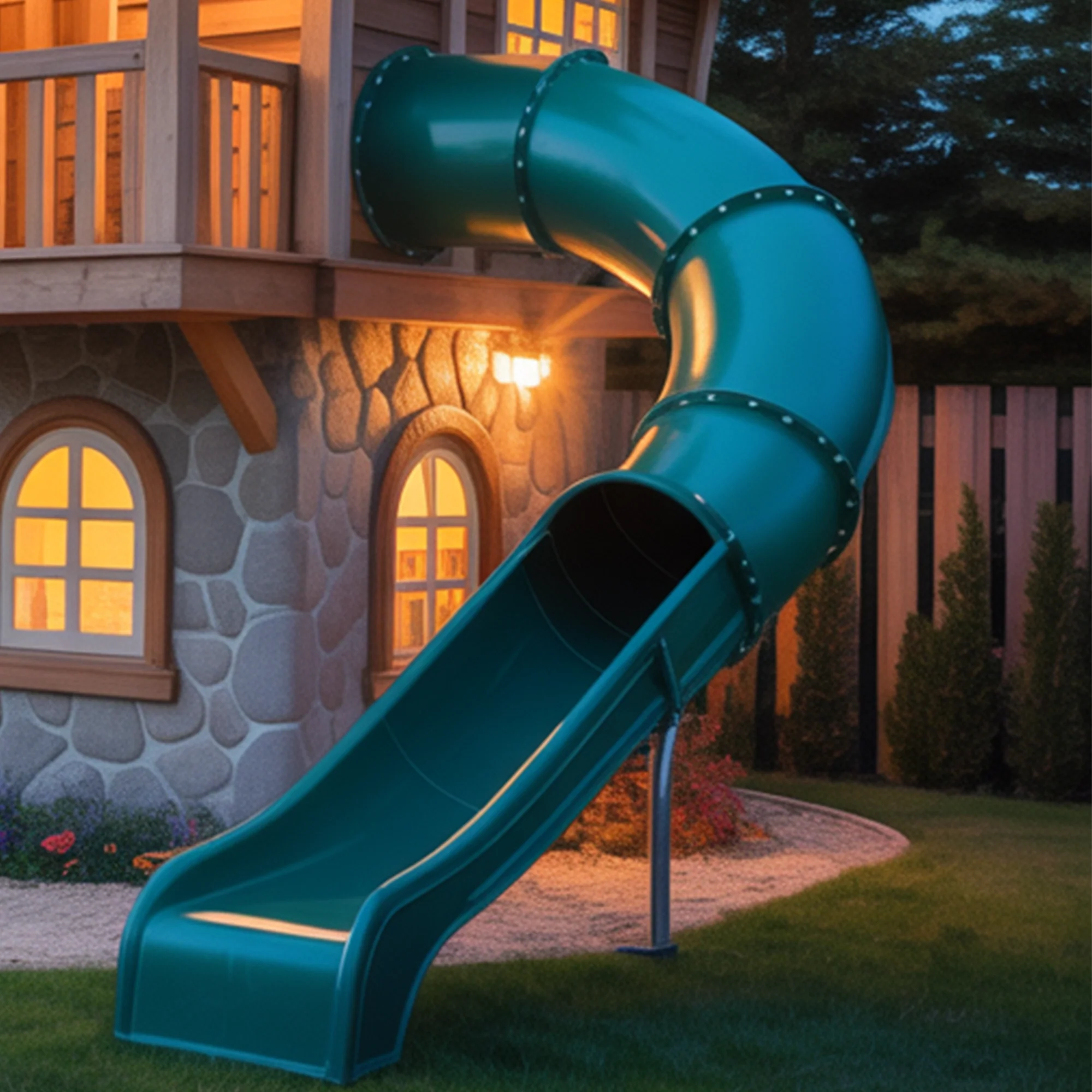 Whimsical Wooden Playhouse with Spiral Slide & Swings | Two-Story Outdoor Playground for Kids Adventure