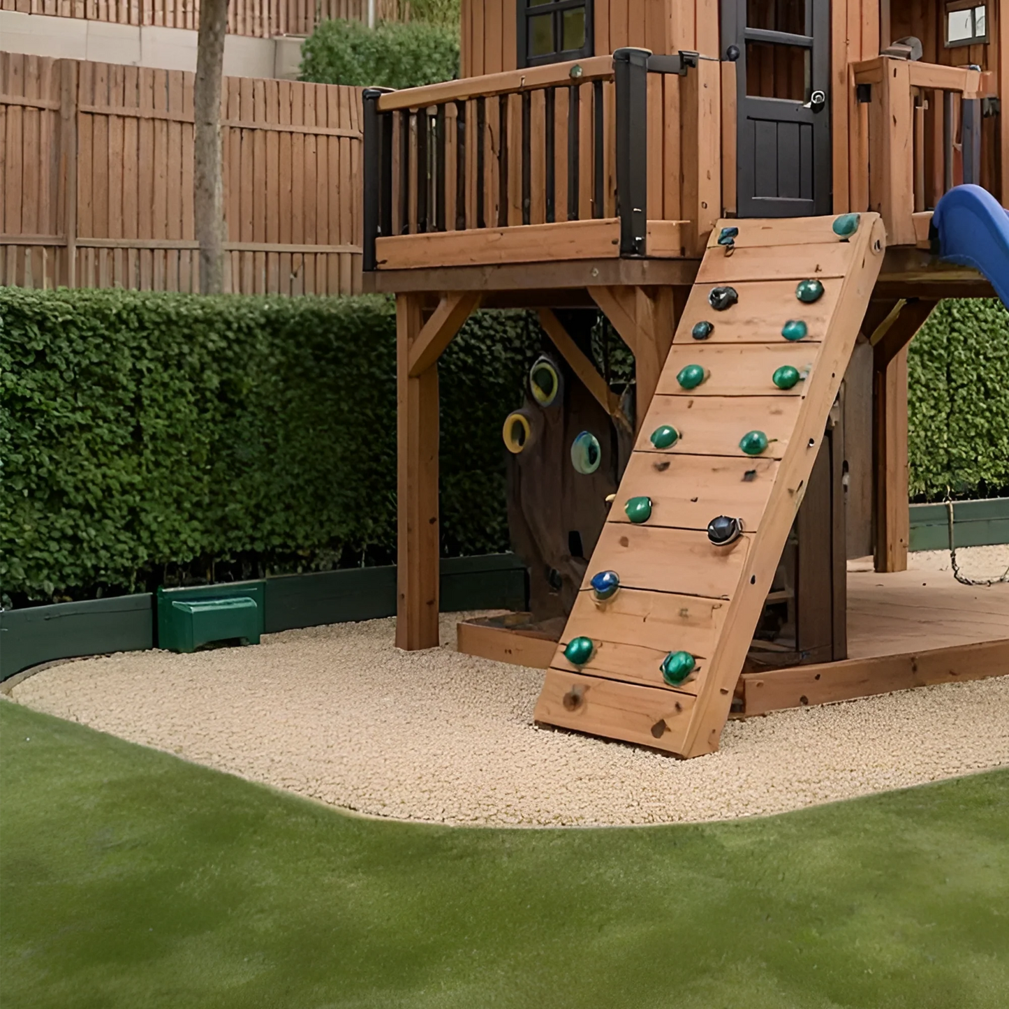 Wooden Swing Set with Slide, Rock Wall & Playhouse – Outdoor Kids Playground (199 in Tall, 137 in Wide)