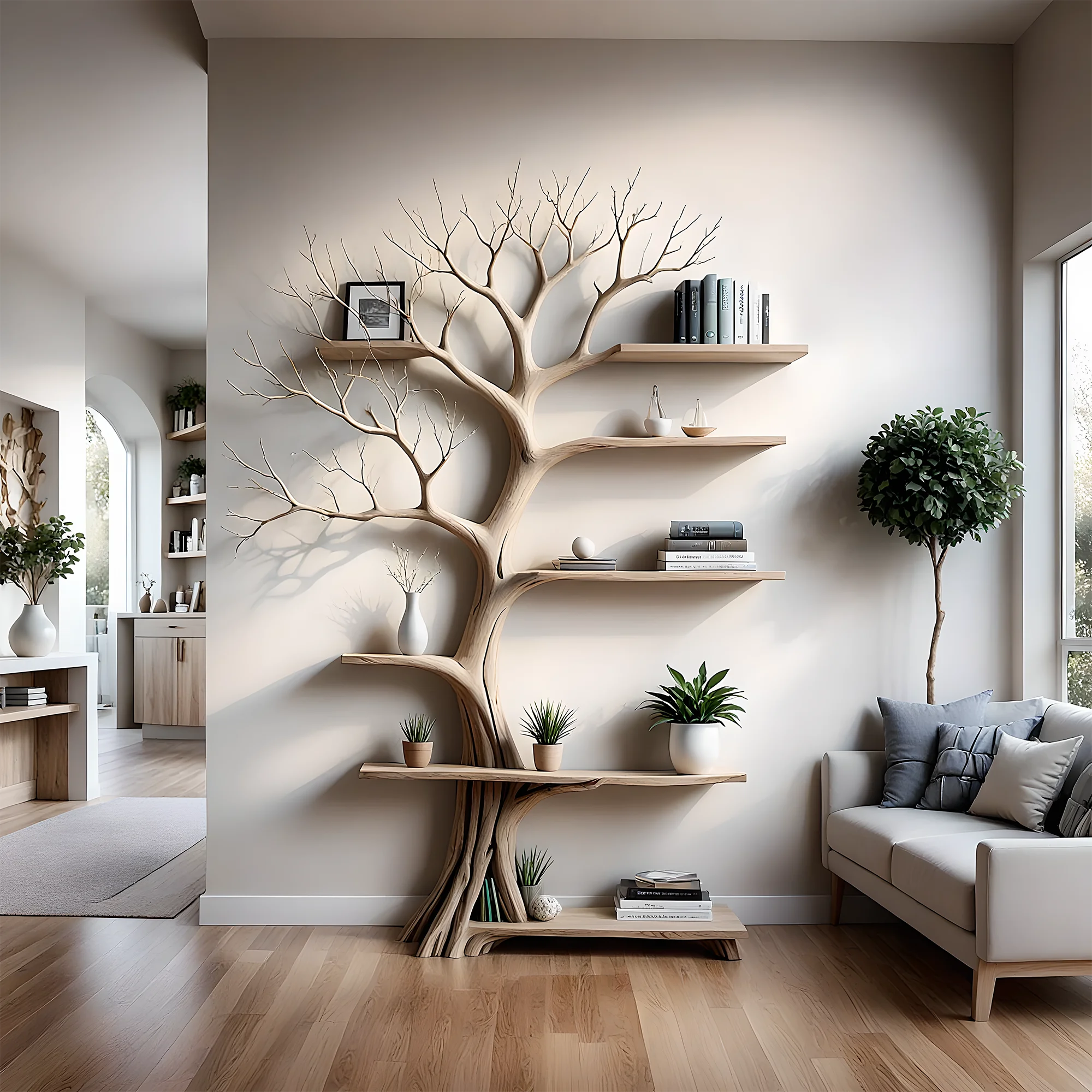 Tree-shaped bookshelf, 100% handmade, solid wood shelf, floating shelf, living room decoration shelf, natural wood shelf 