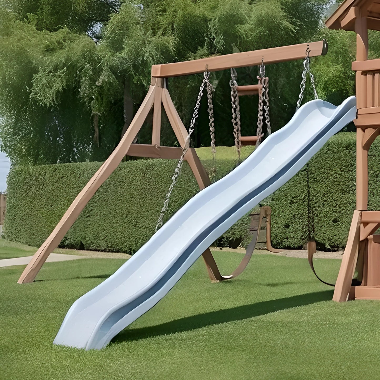 Wooden Playhouse with Slide, 2 Swings & Climbing Ladder – Outdoor Swing Set for Kids