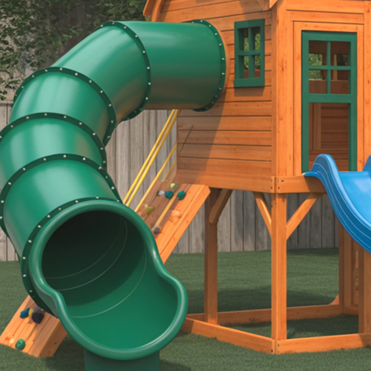 Deluxe Wooden Swing Set with Dual Blue Slides, Tube Slide & Swings – Outdoor Playground for Kids (22ft x 12ft x 9ft)