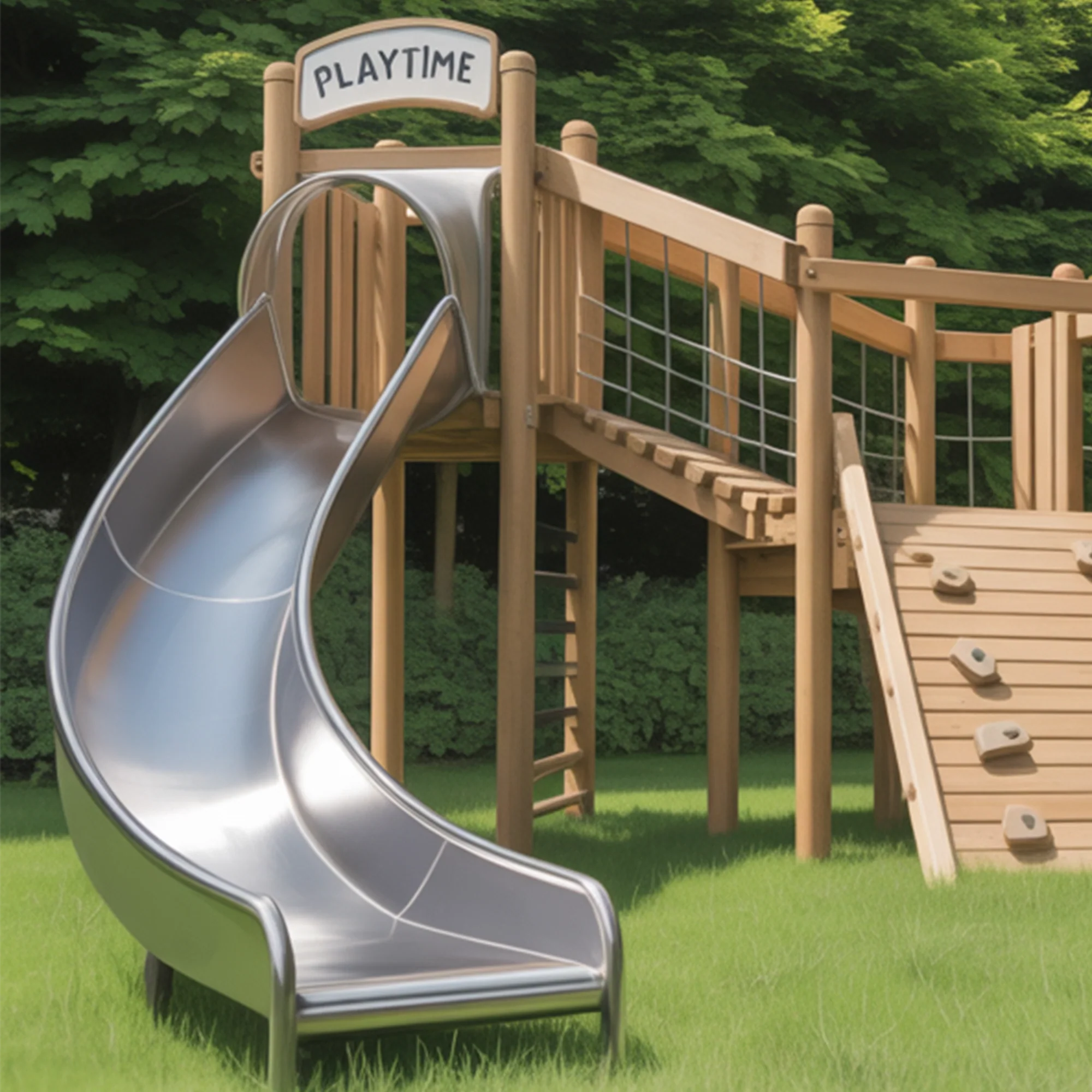 Backyard Wooden Playground with Curved Slide, Rock Climbing Wall & Rope Net | 9ft Height Outdoor Playset