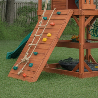 Wooden Swingset with Double Slides, Swings & Climbing Wall – Kids Outdoor Playground