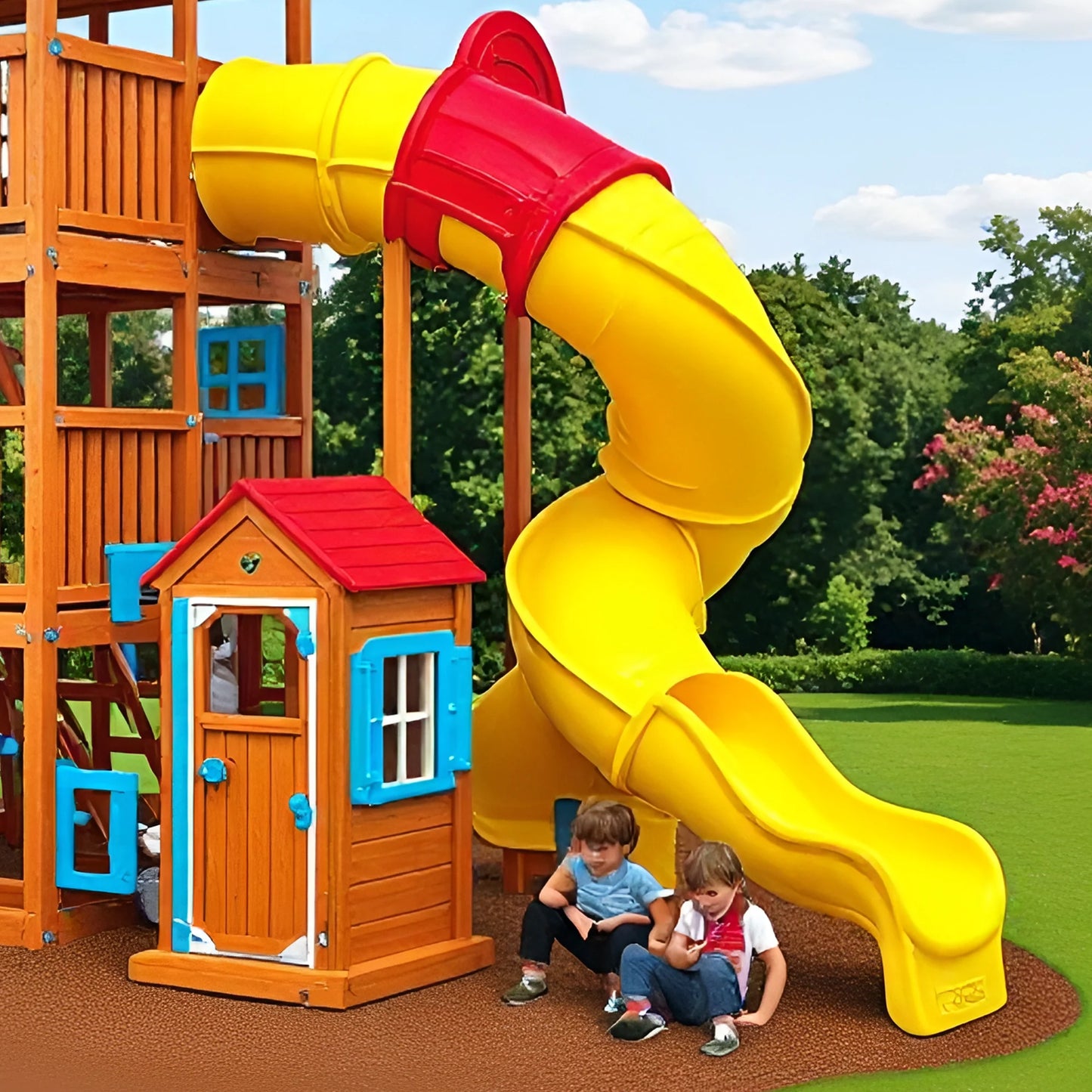 Classic Wooden Swing Set with Slide & Playhouse for Kids