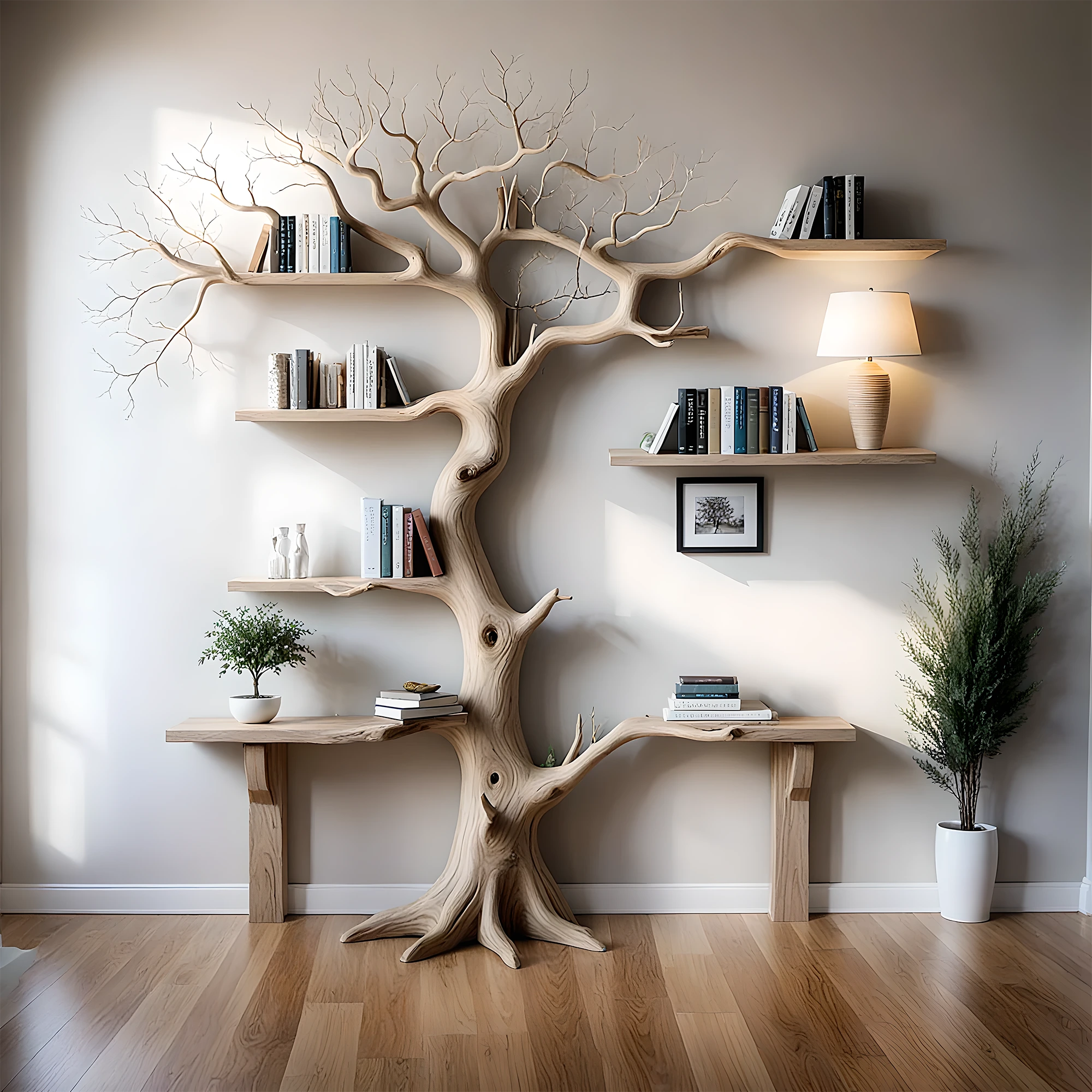 Tree bookshelf for living room or bedroom Handmade wooden furniture Driftwood branches bookshelves solid wood floating wall shelves. 