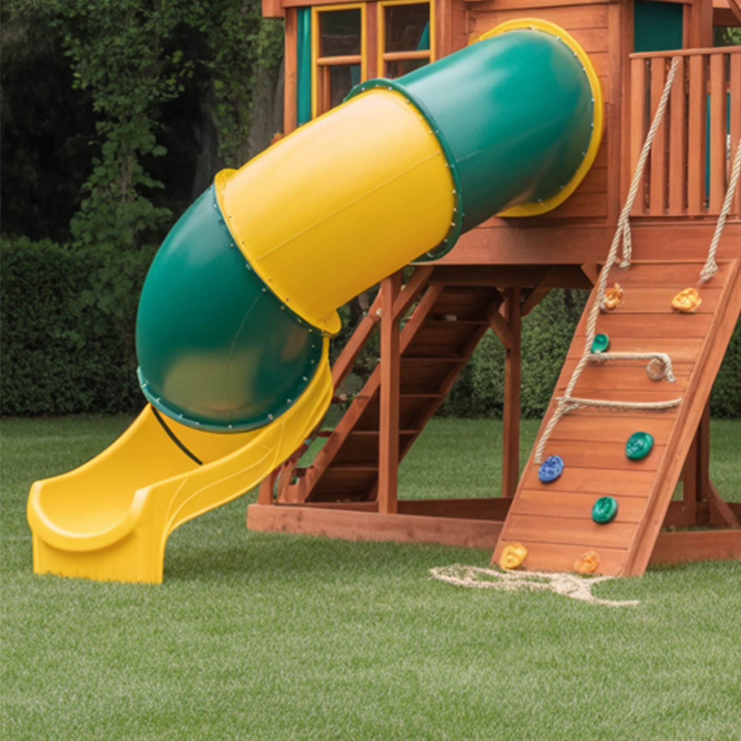Wooden Swingset with Tube Slide, Double Slide & Swings – Outdoor Playset