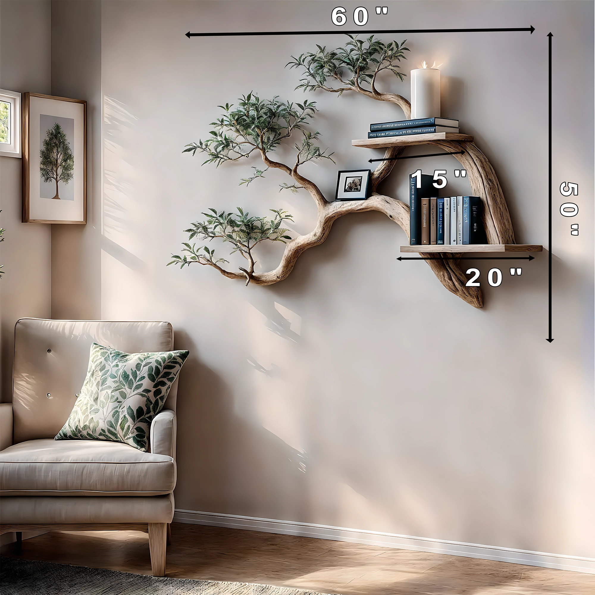 tile-Bookshelf decorated with tree branches Solid wooden bookshelf for decoration 