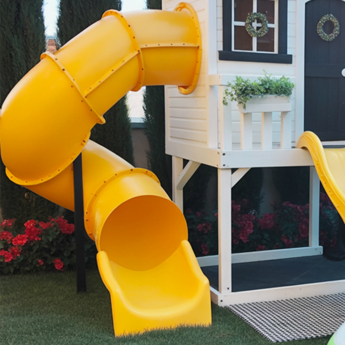 Wooden Playhouse with Tube & Wave Slide | 22x12x9 ft Backyard Playground with Swings & Sandbox