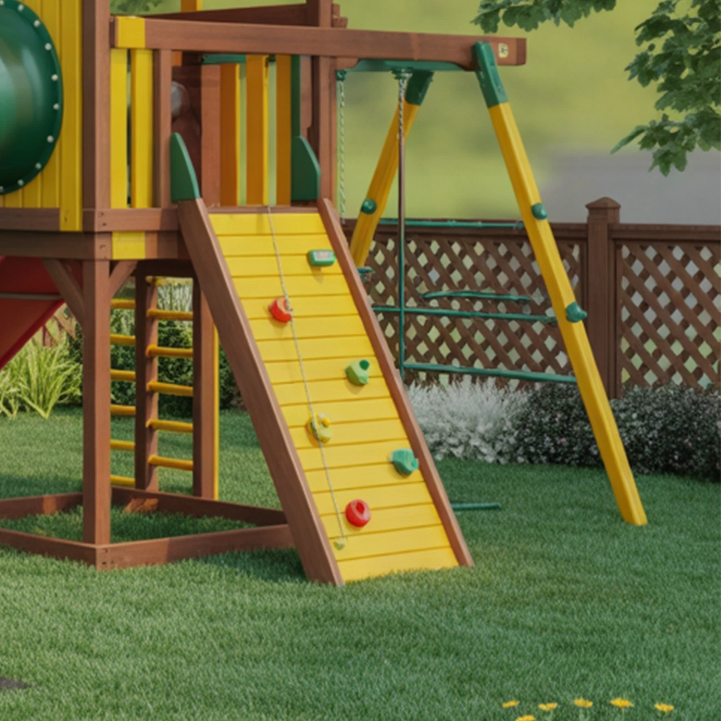 Premium Wooden Swingset with Tube Slide, Rock Wall & Dual Swings – 21ft x 13ft x 11ft Heavy-Duty Backyard Playset
