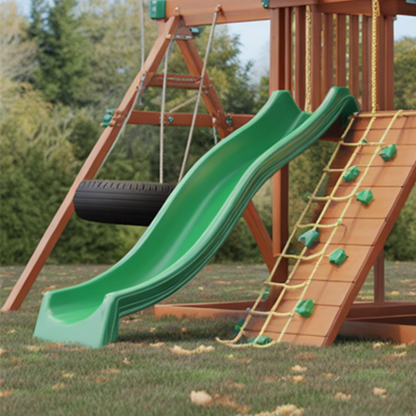 Wooden Swingset with Tube Slide, Double Swings & Rock Wall – Outdoor Kids Playground