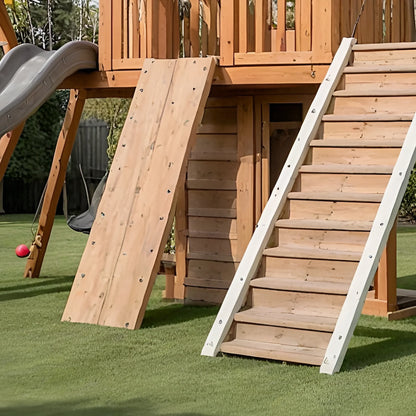 Wooden Swing Set with Clubhouse, 3 Swings & Long Slides – Outdoor Play Area