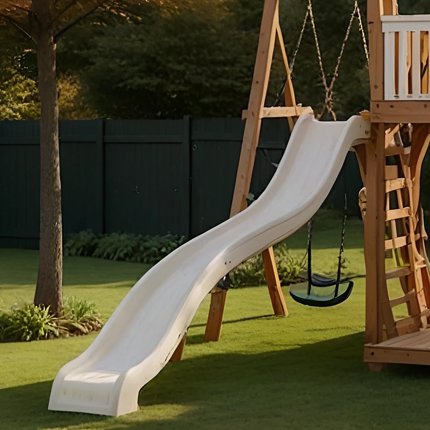Backyard Playhouse with Wooden Swing Set, Sandbox & Wave Slide – Outdoor Fun