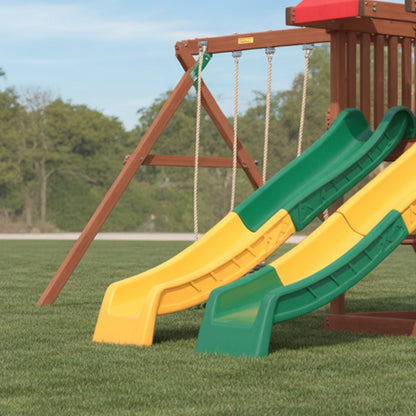 Wooden Outdoor Swingset with Double Slides & Playhouse | Durable Kids Playground