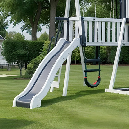 Outdoor Playhouse with Double Slides, Swings & Climbing Wall – Wooden Playground Set