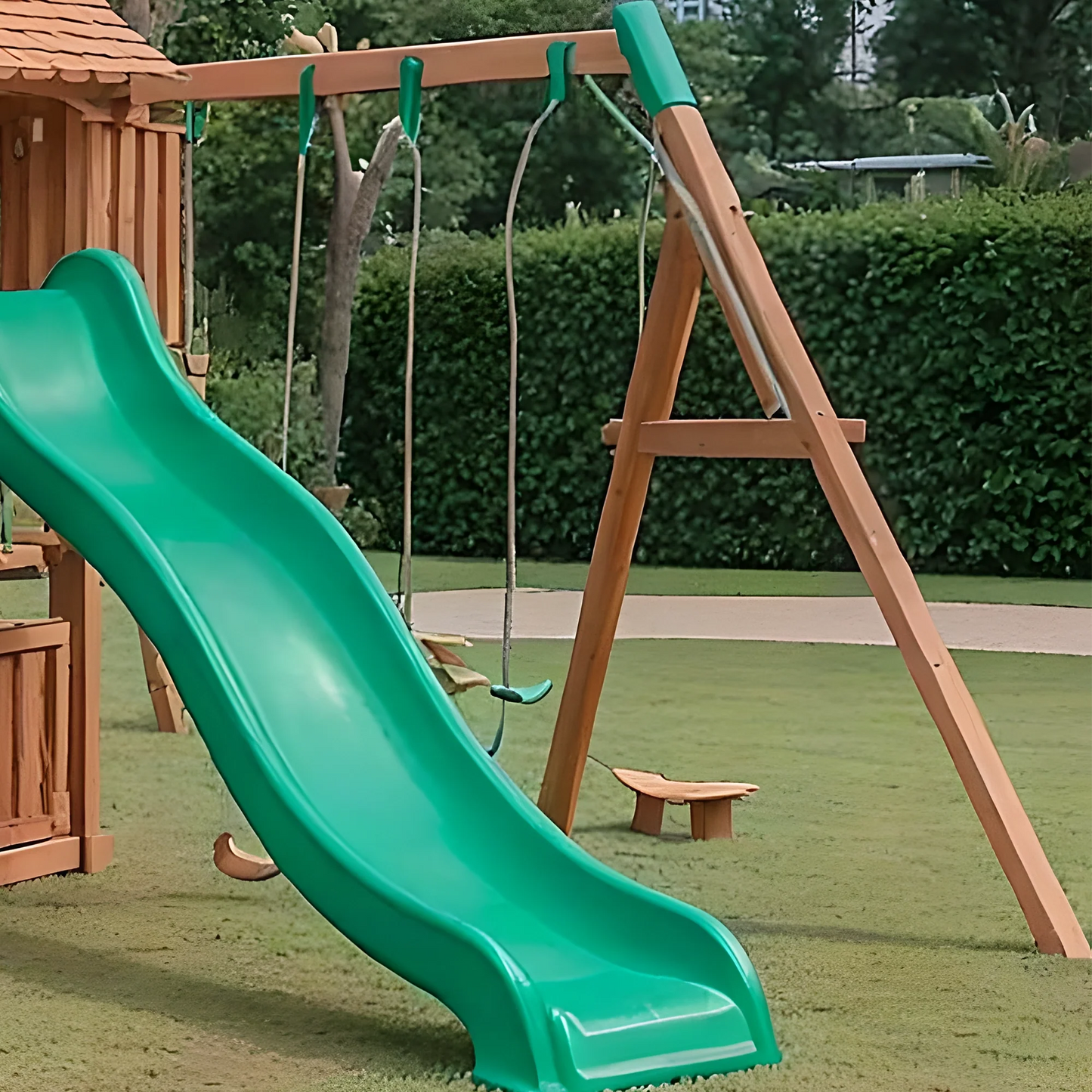 Wooden Swing Set with Double Slides & Playhouse – Safe Outdoor Kids Playground